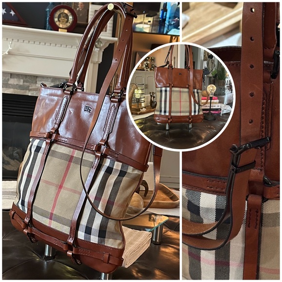 BURBERRY Brown Bridle Housecheck Leather and Canvas Slim Tote, 🤎 GORGEOUS 🧡 - Picture 3 of 16